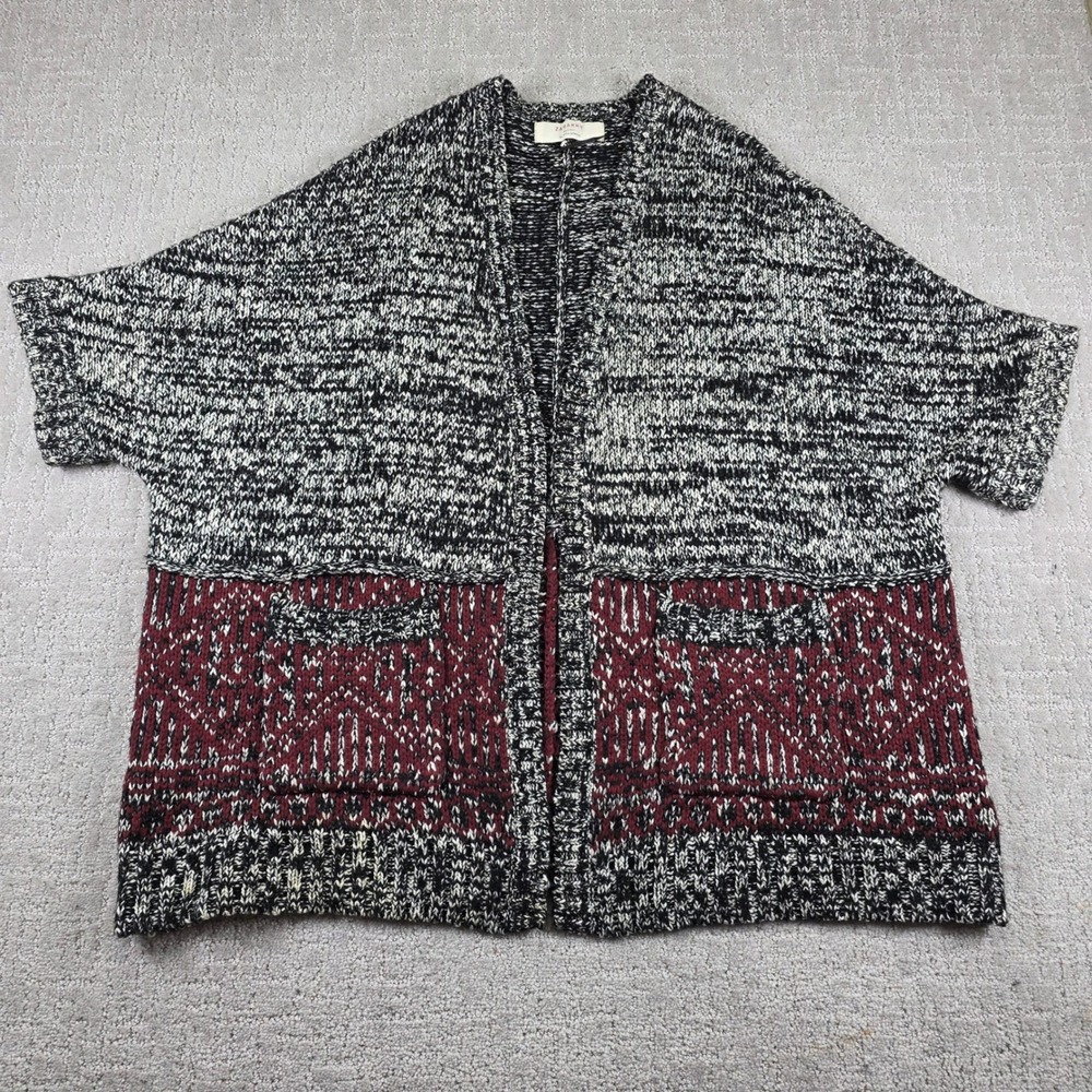 Zara Knit Womens Medium Open Cardigan Black Burgundy Short Sleeve Oversized Boho